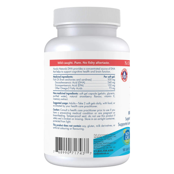 Nordic Naturals DHA Formula - Strawberry Flavour 90 Soft Gels Back of Bottle
