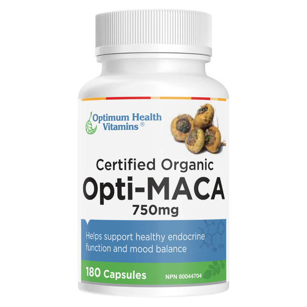 Bottle of Optimum Health Vitamins Opti-Maca 750 mg 180 Vegi Caps