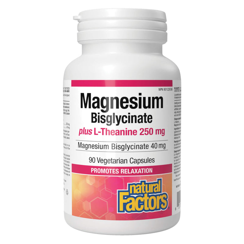 Bottle of Natural Factors Magnesium Bisglycinate 40mg Plus L-Theanine 250mg 90 Vegetarian Capsules