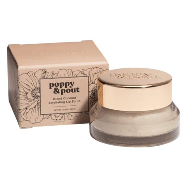 Box & Tub of Poppy & Pout Island Coconut Lip Scrub 0.75oz