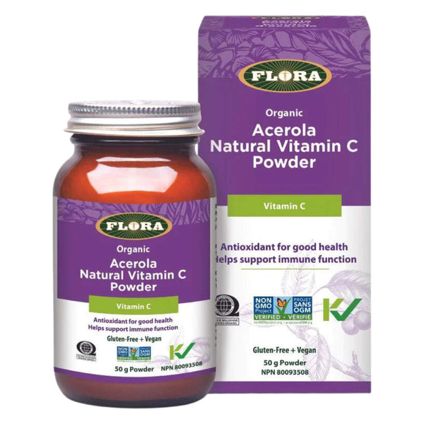 Bottle & Box of Flora Organic Acerola Natural Vitamin C Powder 50g Powder