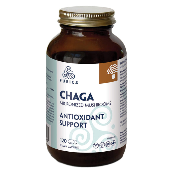 Bottle of Purica Chaga Micronized Mushrooms Antioxidant Support 120 Vegan Capsules