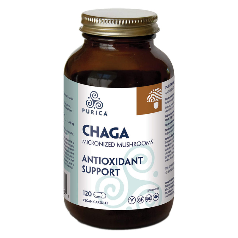 Bottle of Purica Chaga Micronized Mushrooms Antioxidant Support 120 Vegan Capsules