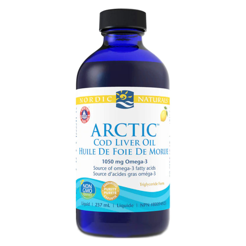 Bottle of Nordic Naturals Arctic Cod Liver Oil 1050mg Omega-3 Lemon Flavour 237m lLiquid