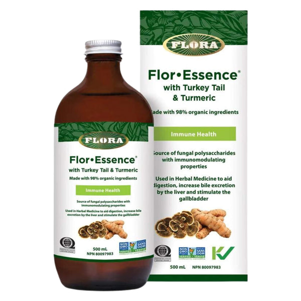 Bottle & Box of Flora Flor-Essence with Turkey Tail & Turmeric 500ml
