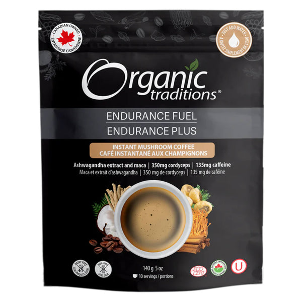 Package of Organic Traditions Endurance Fuel Instant Mushroom Coffee 140g/5oz 10 Servings