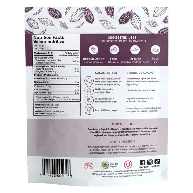 Package Back of Organic Traditions Cocoa Butter
