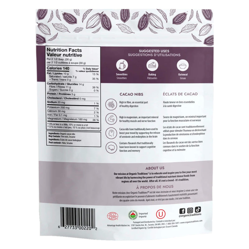 Package Back of Organic Traditions Cocoa Nibs
