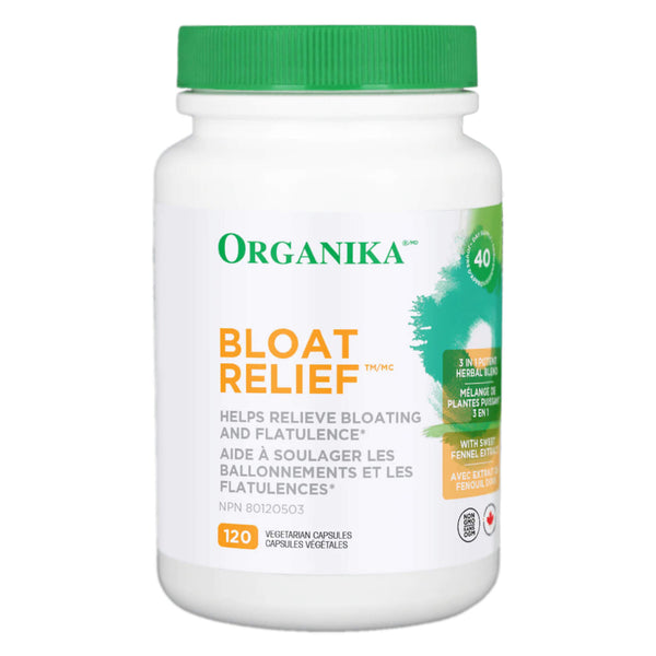 Bottle of Organika Bloat Relief 120 Vegetarian Capsules