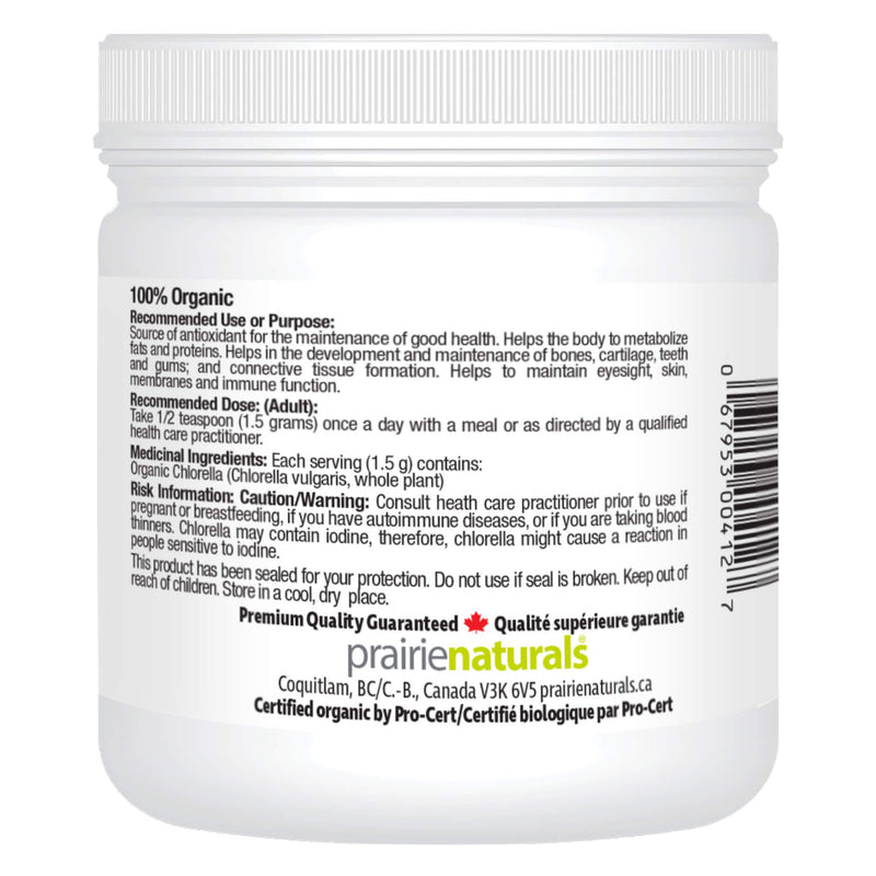 Prairie Naturals Chlorella Powder, Organic 200g Bottle Back
