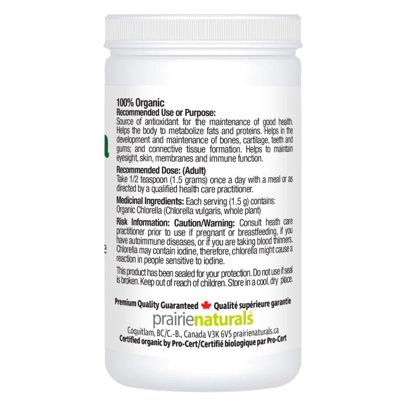 Prairie Naturals Chlorella Powder, Organic 400g Bottle Back

