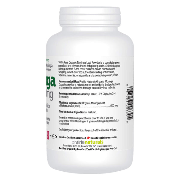 Prairie Naturals Organic Moringa Leaf Capsules Bottle Back
