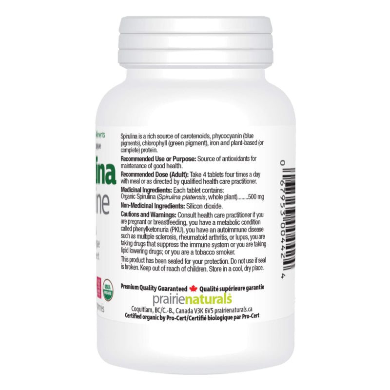 Prairie Naturals Organic Spirulina Tablets Bottle Back
