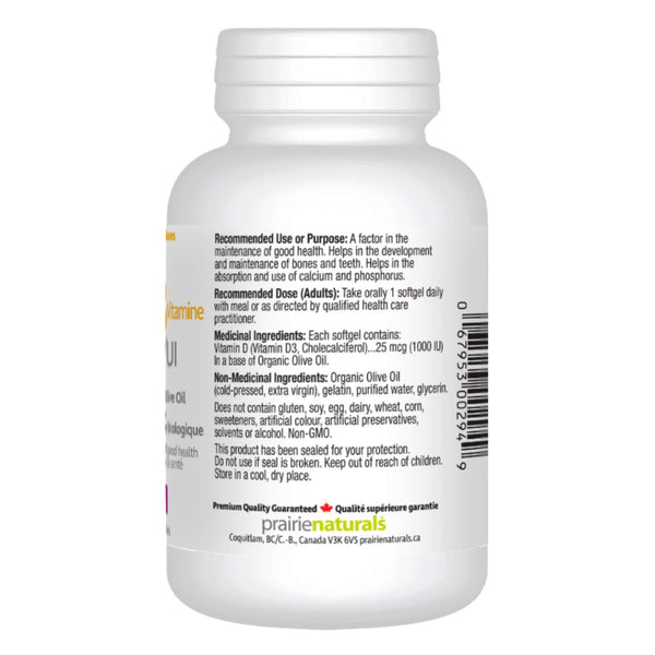 Prairie Naturals Vitamin D3 1000iu Bottle Back
