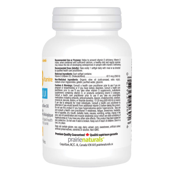 Prairie Naturals Vitamin D3 2,500 IU Bottle Back
