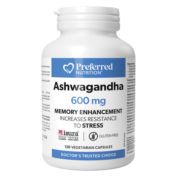 Bottle of Preferred Nutrition Ashwagandha 600mg 120 V-caps
