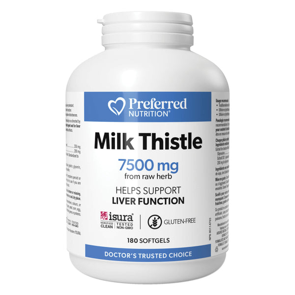 Bottle of PreferredNutrition Milk Thistle 7500mg (250mg 30:1 Extract, 200mg Silymarin) 180Softgels
