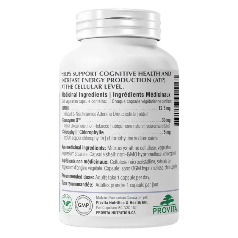 Bottle Back of Provita NADH + Forte 
