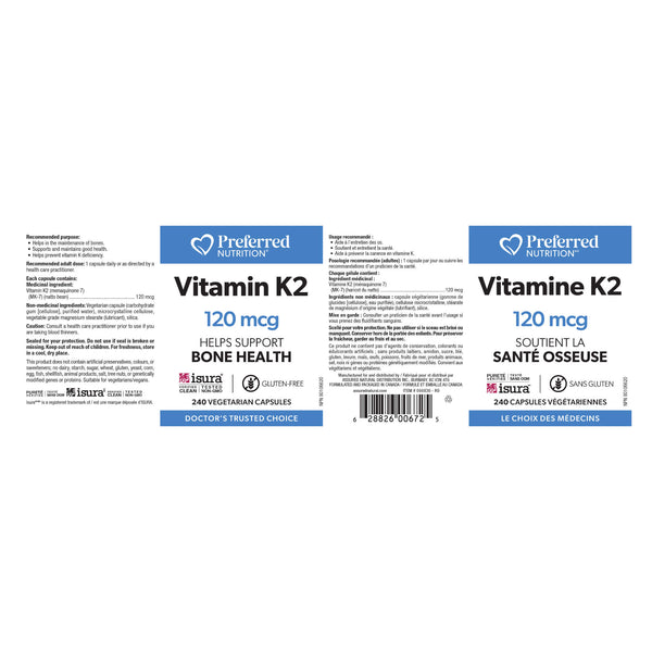 Bottle of Preferred Nutrition Vitamin K2 120mcg Label
