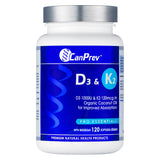 Bottle of CanPrev D3 1000 IU & K2 120 mcg in Organic Coconut Oil for Improved Absorption 120 Softgels | Optimum Health Vitamins, Canada