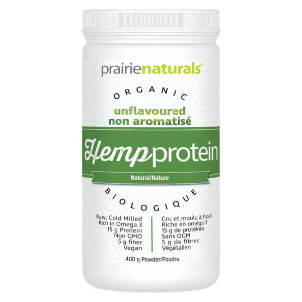 Container of Prairie Naturals Organic Hemp Protein Natural  Unflavoured 400 Grams