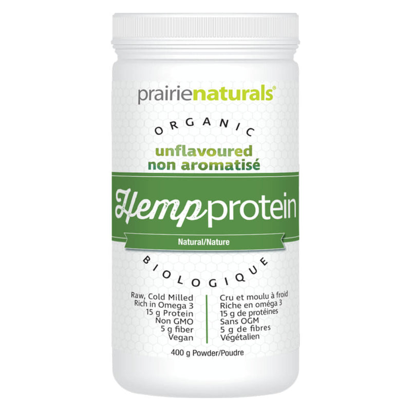 Container of Prairie Naturals Organic Hemp Protein Natural  Unflavoured 400 Grams