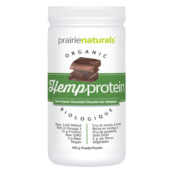 Container of Prairie Naturals Organic Hemp Protein Organic Dark Chocolate 400 Grams