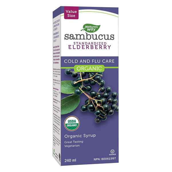 Box of Nature's Way Organic Sambucus Cold and Flu Care, Elderberry Syrup 240 Milliliters
